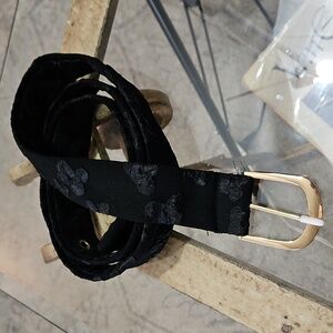 Elegant Black Floral Textured Fabric Belt with Gold Accents